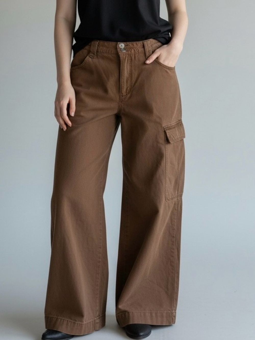 Time and Tru Brown Wide-Leg Cargo Jeans for Women (16 Short)